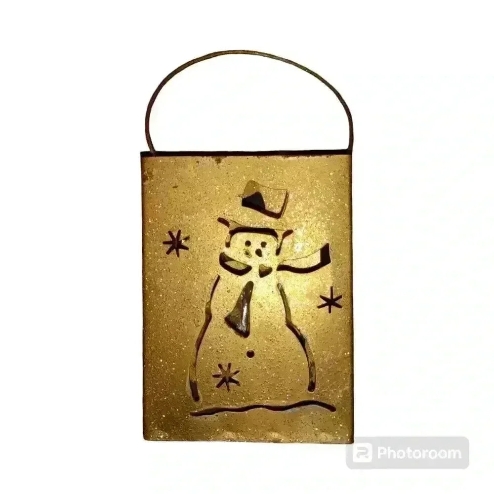 Old Country Metal Gold Sparkle Snowman Votive Candle Holder